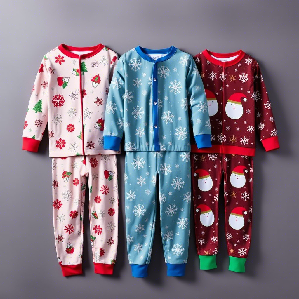 Winter kids’ pajamas with snowflakes and festive holiday designs