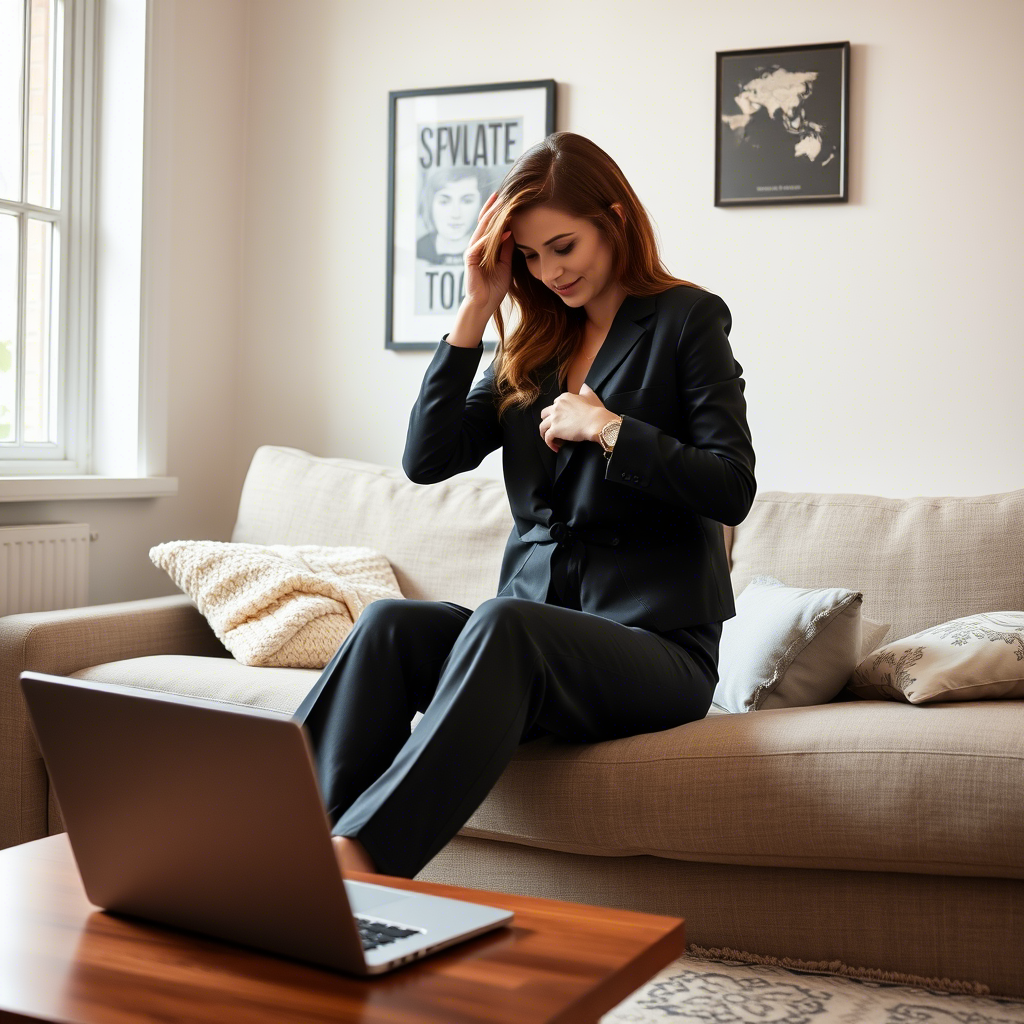 Woman comfortably trying on stylish pants at home via laptop