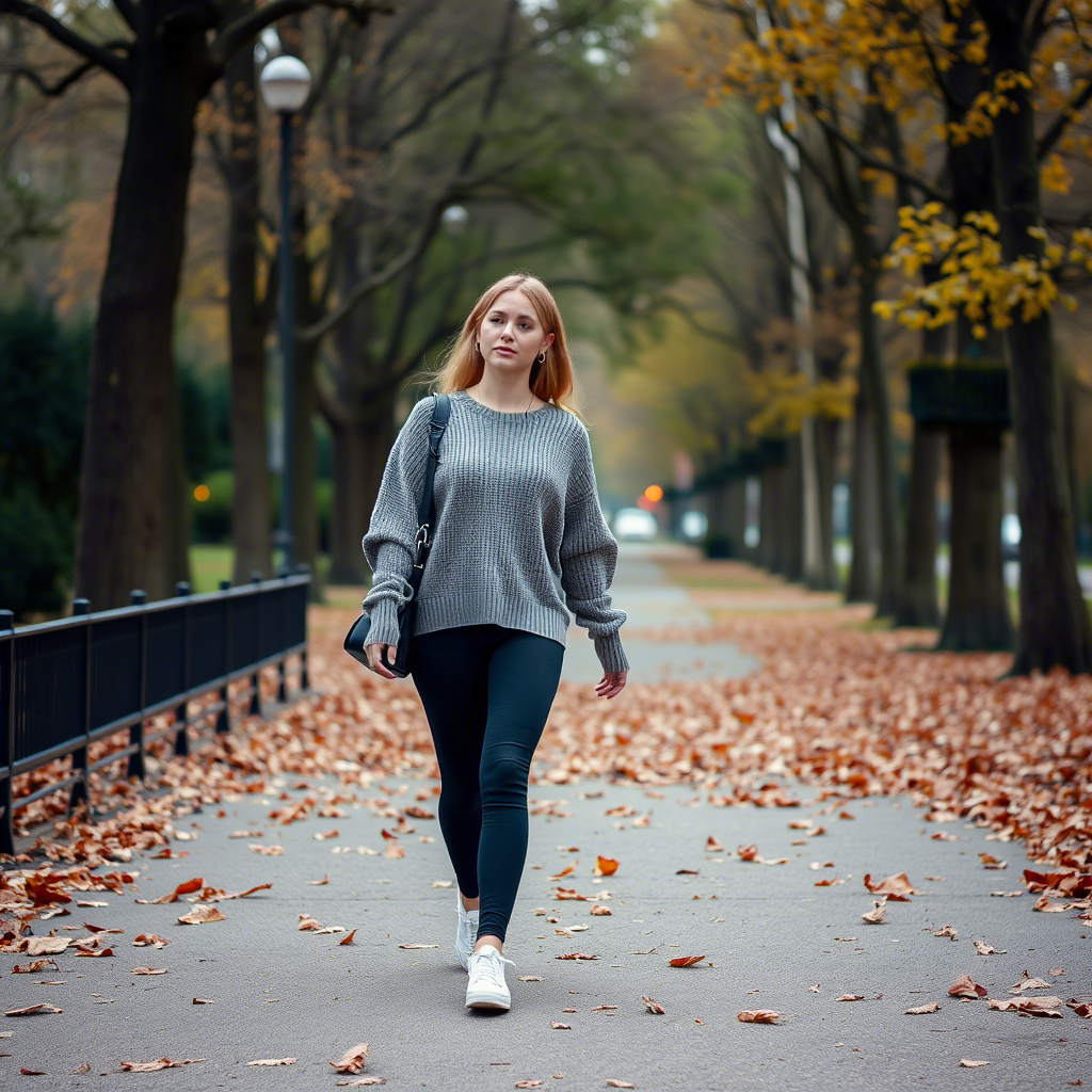 Woman in leggings and oversized sweater walking in a park
