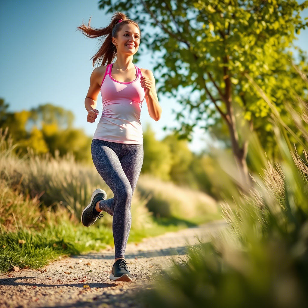 Woman in patterned tights running outdoors on a sunny day