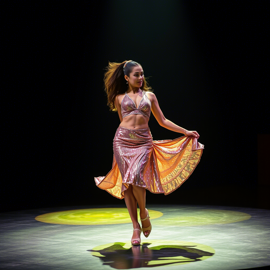 Woman in shimmering sequined skirt dancing on stage