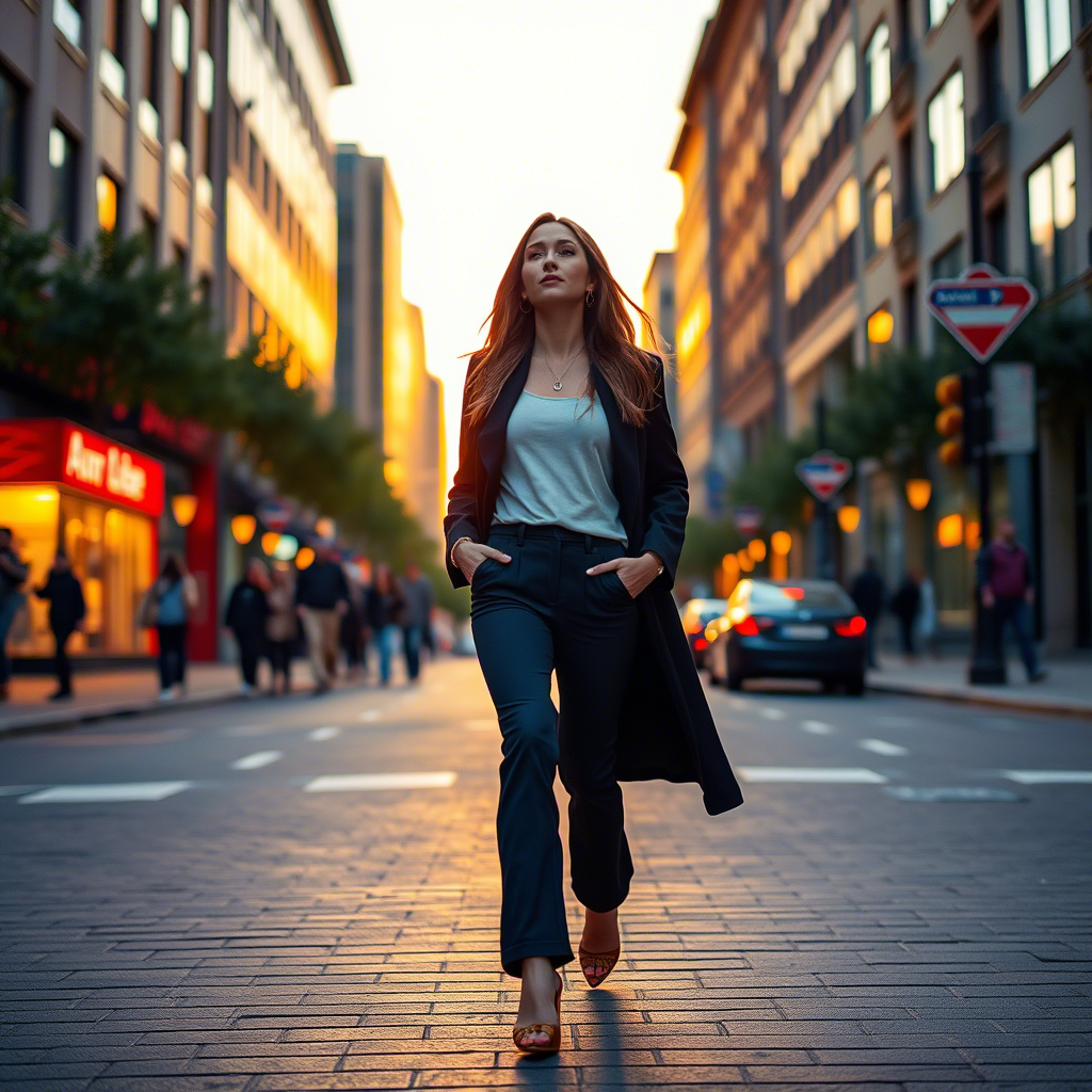 Woman in stylish pants walking in a city street at sunset