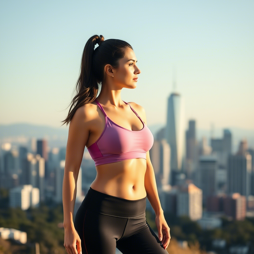 Woman in yoga leggings and a sports bra, standing in front of a city skyline