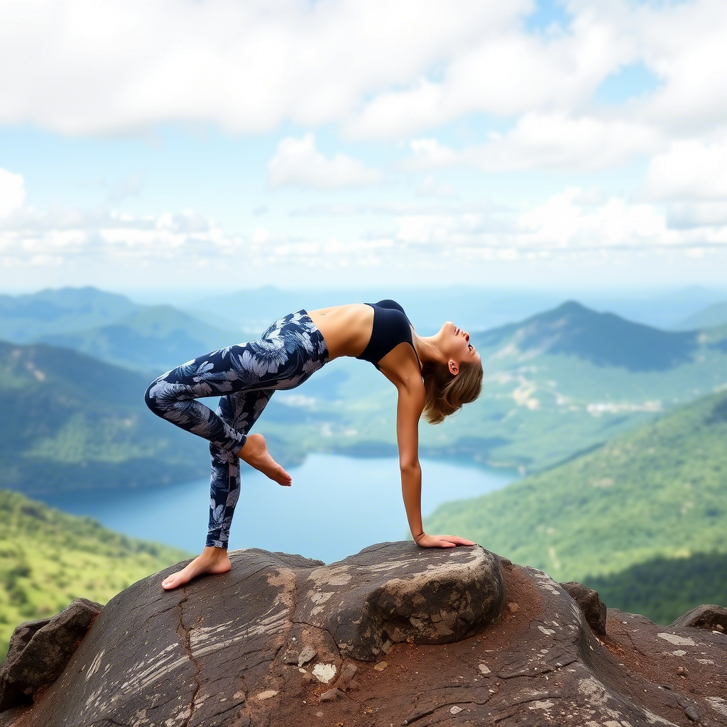 Woman in yoga pants doing downward dog pose on a serene mountain top