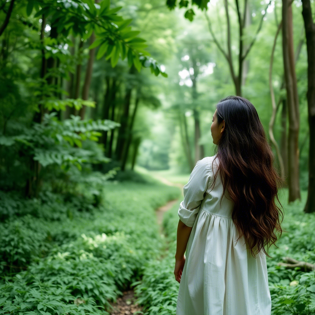 Woman wearing organic cotton dress in a lush green forest