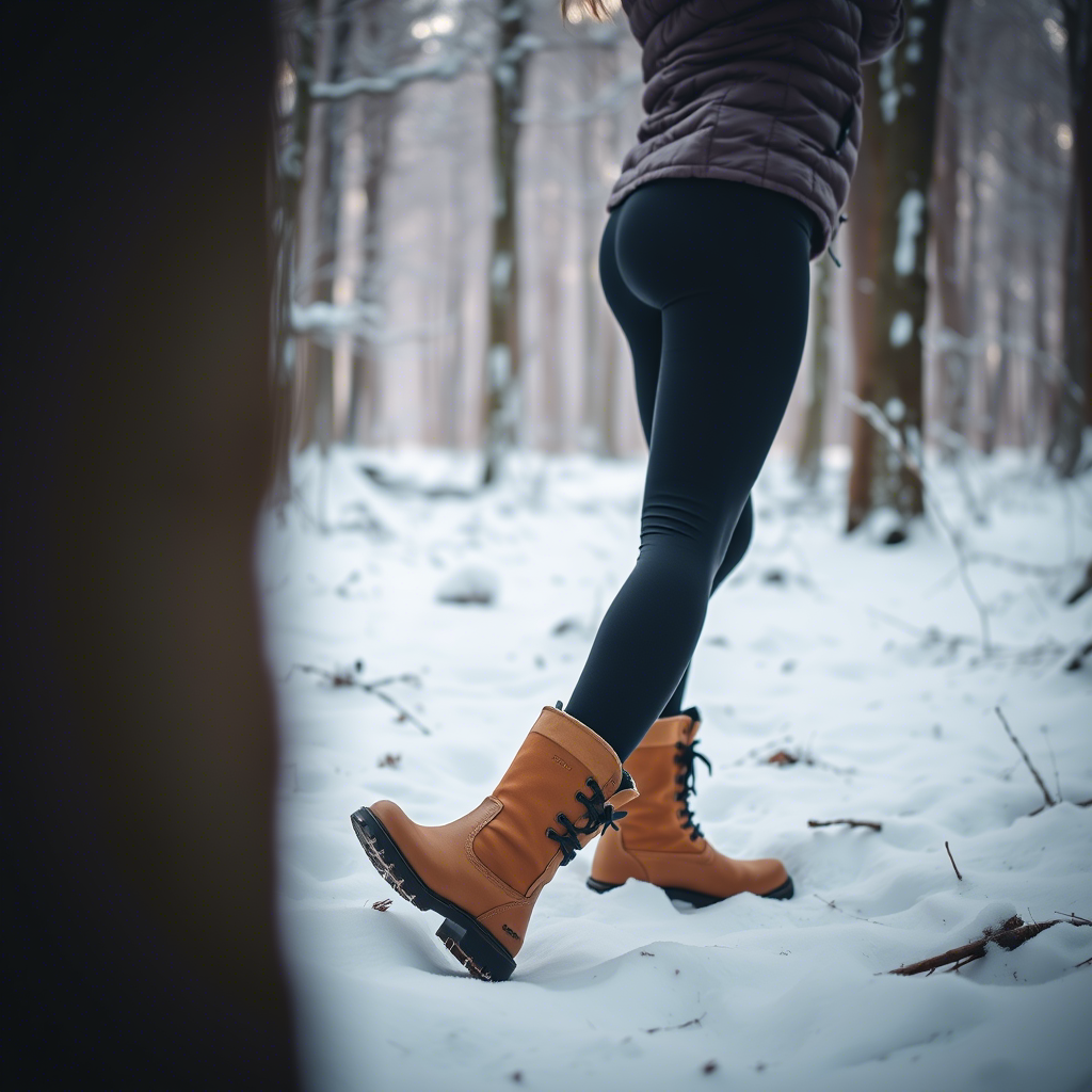 Woman wearing thermal leggings and boots in snowy forest