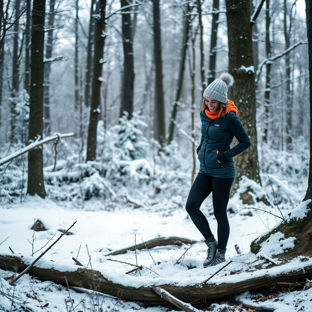 Woman wearing warm leggings and tights in snowy forest