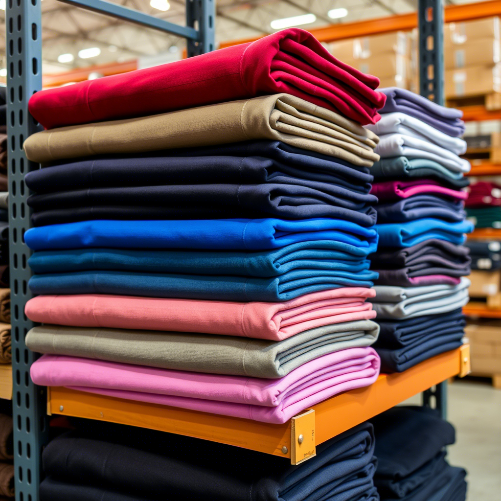 Women’s leggings stacked in various colors on a warehouse shelf
