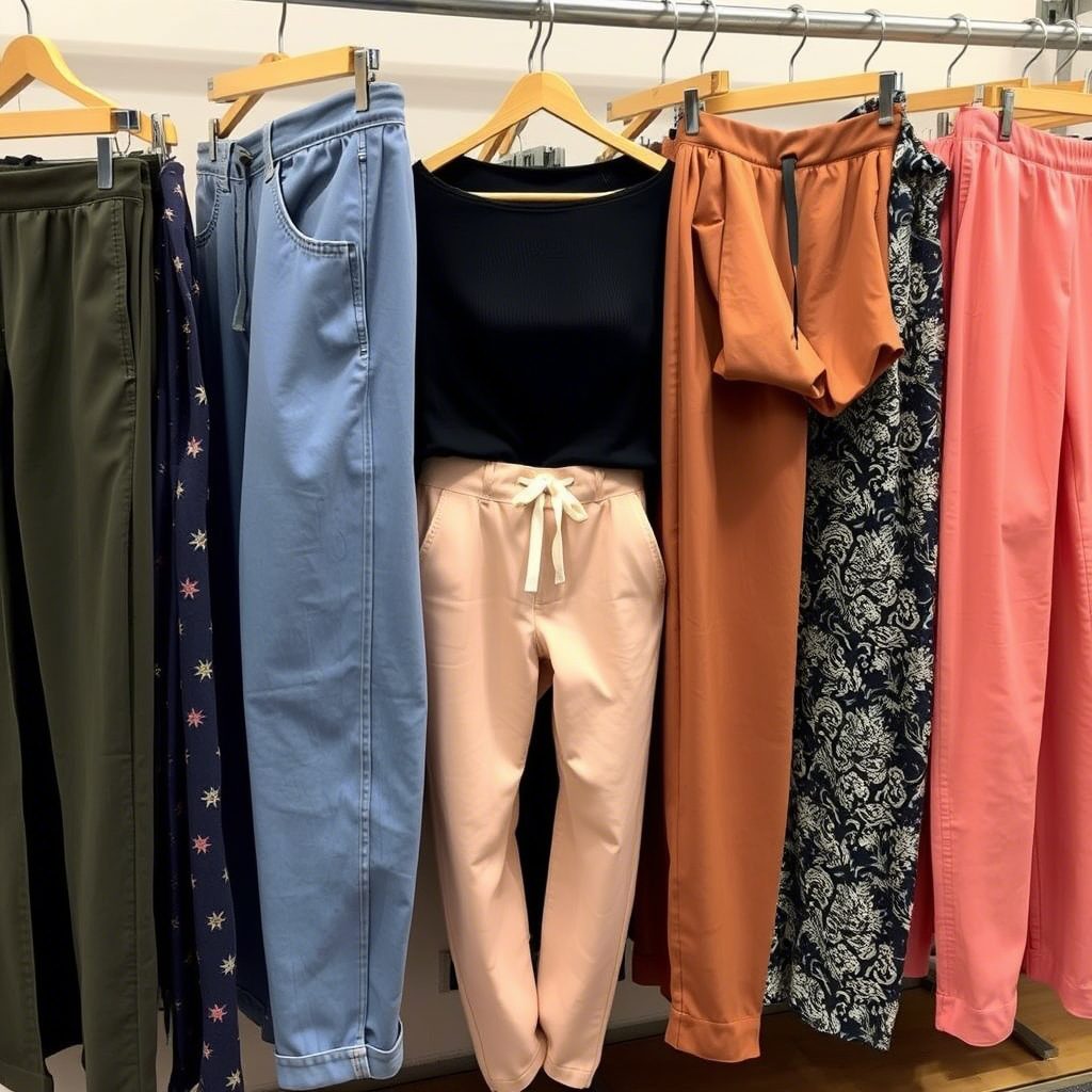 Women’s pants in various colors and patterns on display