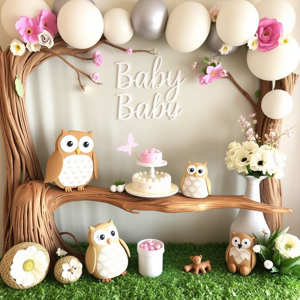Woodland themed baby shower with owls and flowers