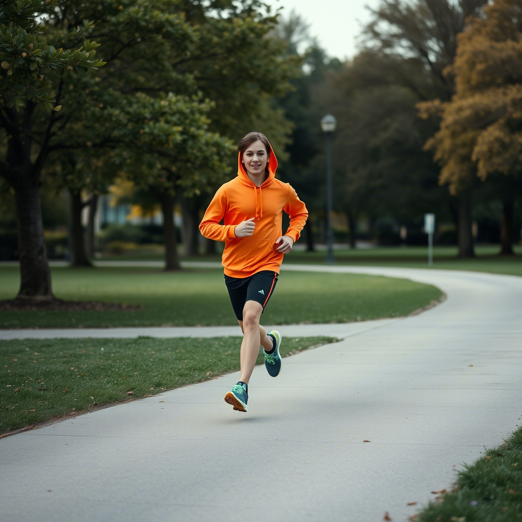 Young athlete wearing bright orange hoodie running in park
