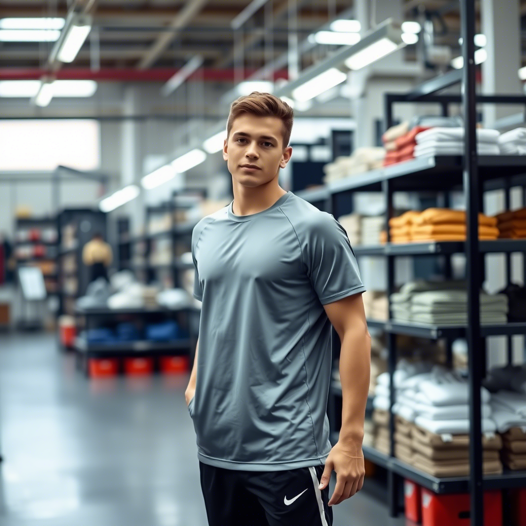 Young athlete wearing sportswear standing in athletic wear factory