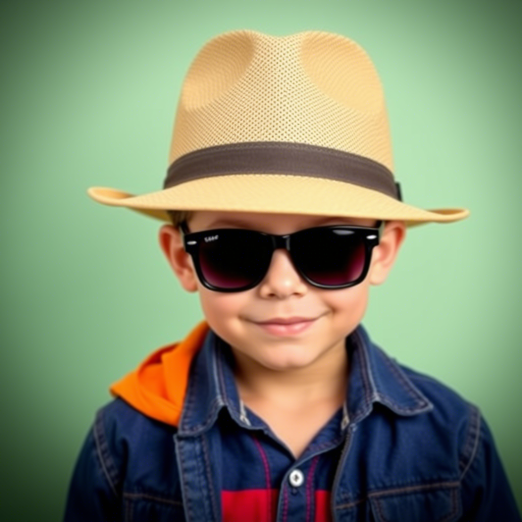 Young boy accessorized with a trendy hat and sunglasses