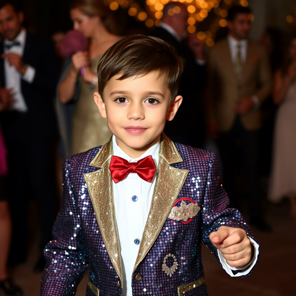 Young boy dressed in sequin jacket for festive occasion dance