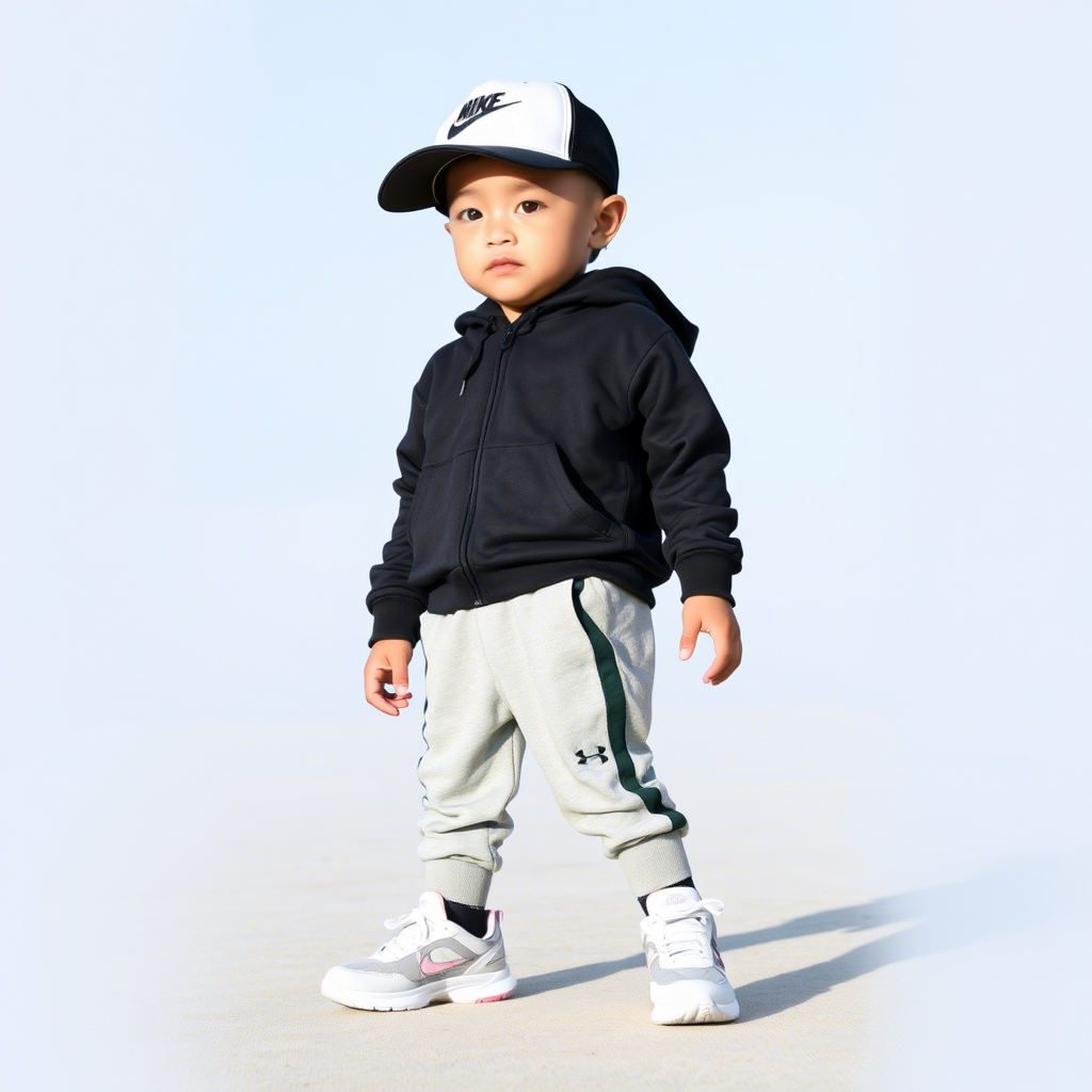 Young boy dressed in sporty attire with sneakers and cap