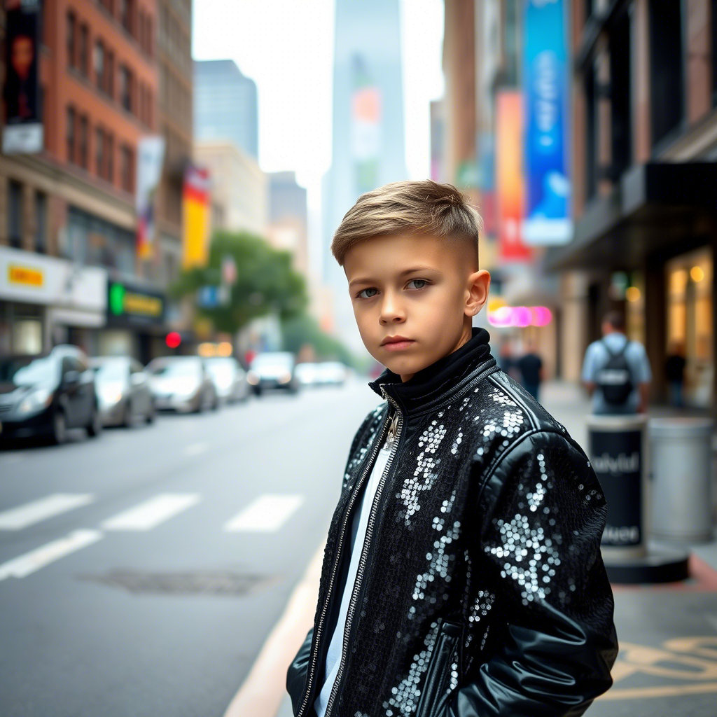Young boy in a black sequin jacket posing on a city street