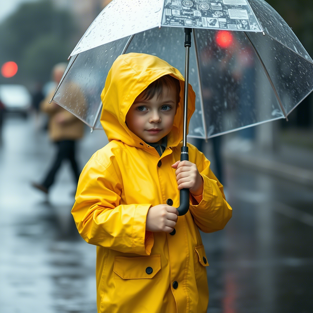 Young boy in a bright yellow raincoat, holding an umbrella on a rainy day