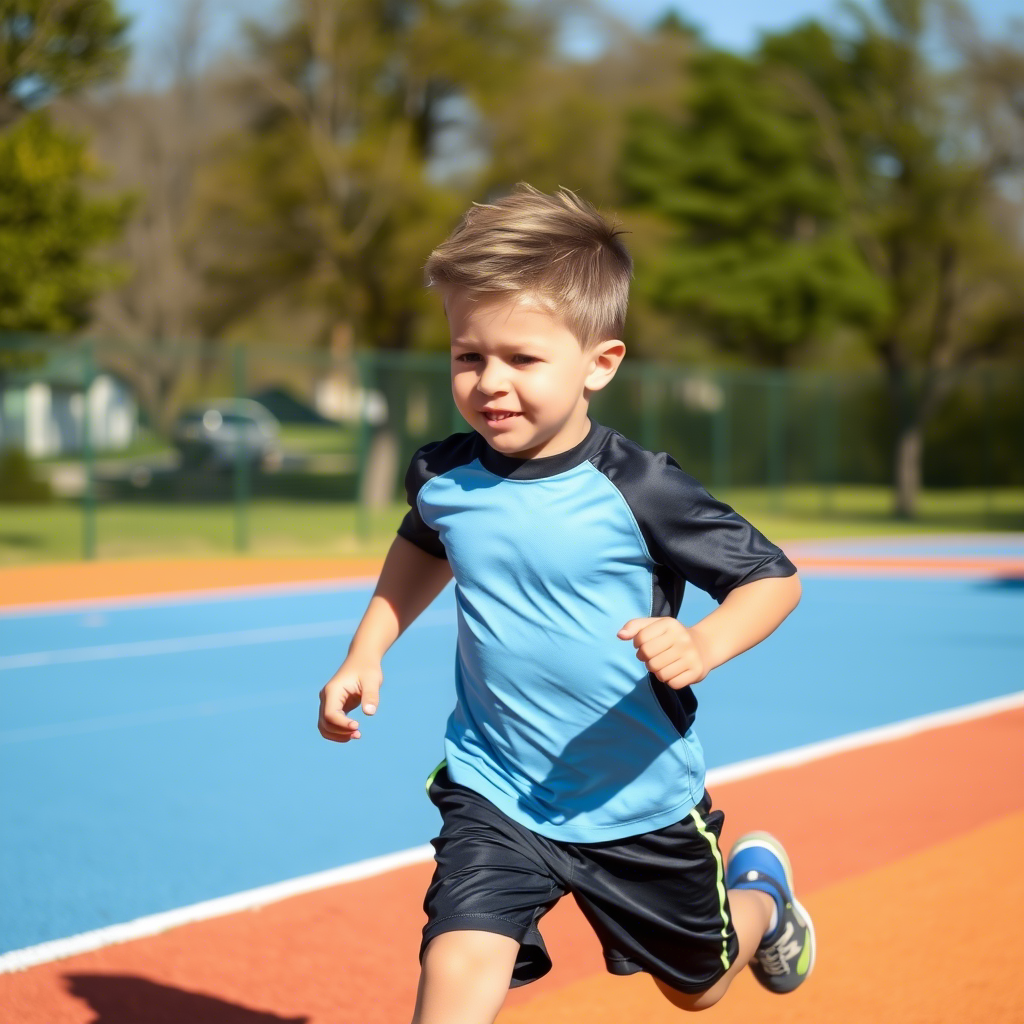 Young boy in athletic wear running on a sunny playground