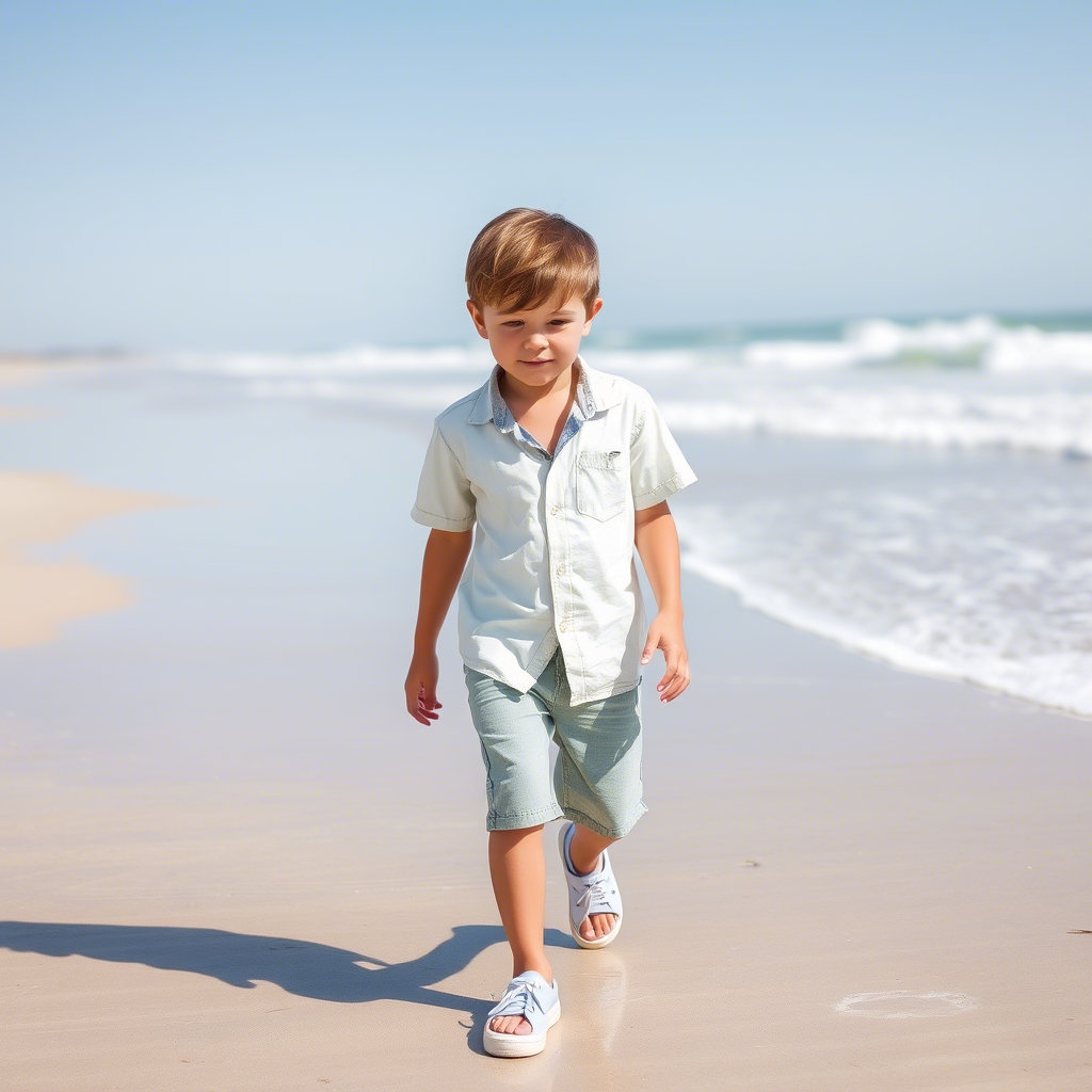 Young boy in casual summer outfit walking on beach