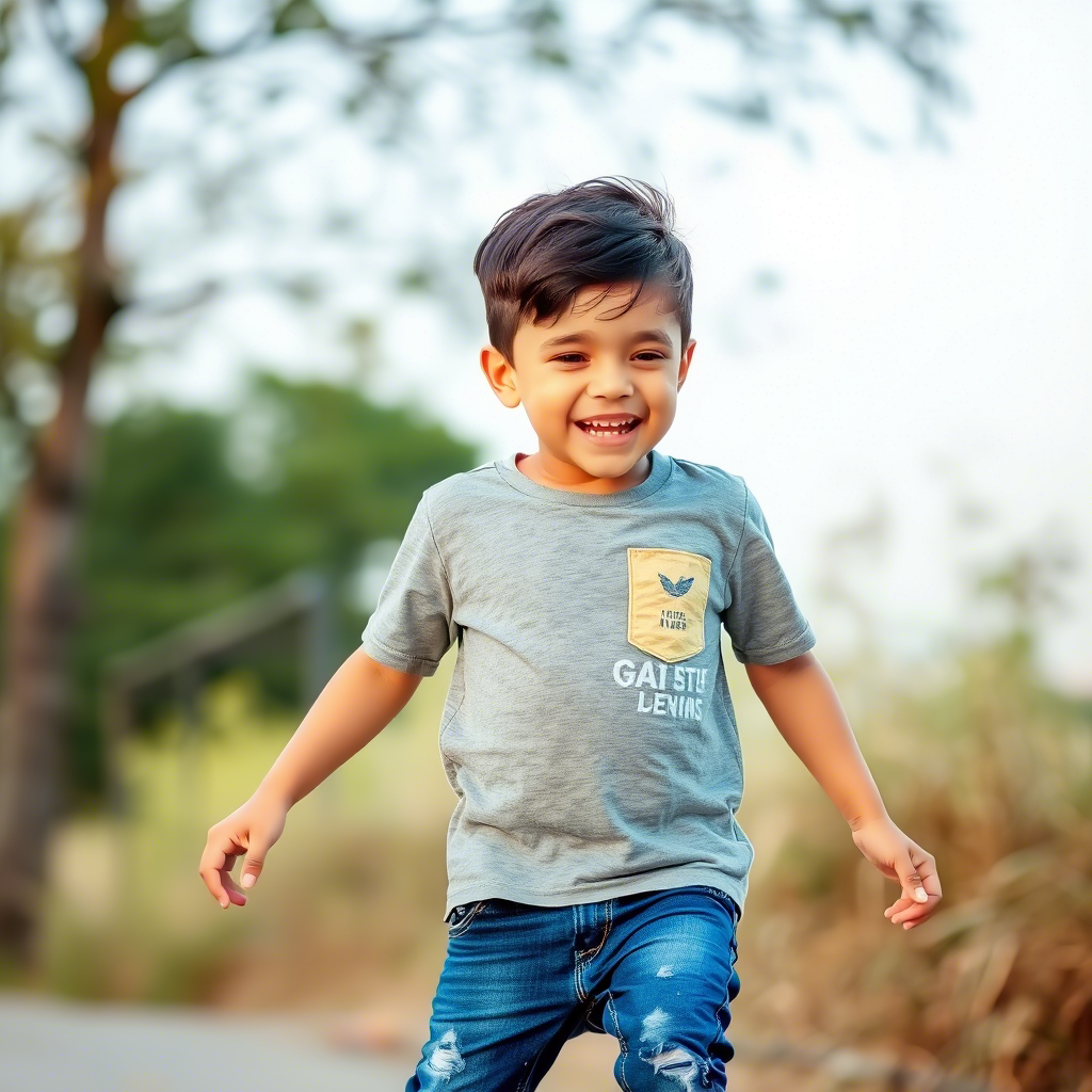 Young boy in casual t-shirt and jeans having fun outdoors