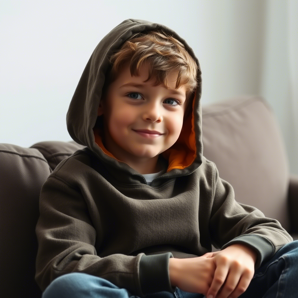 Young boy in cozy sweatshirt sitting on couch with hood up