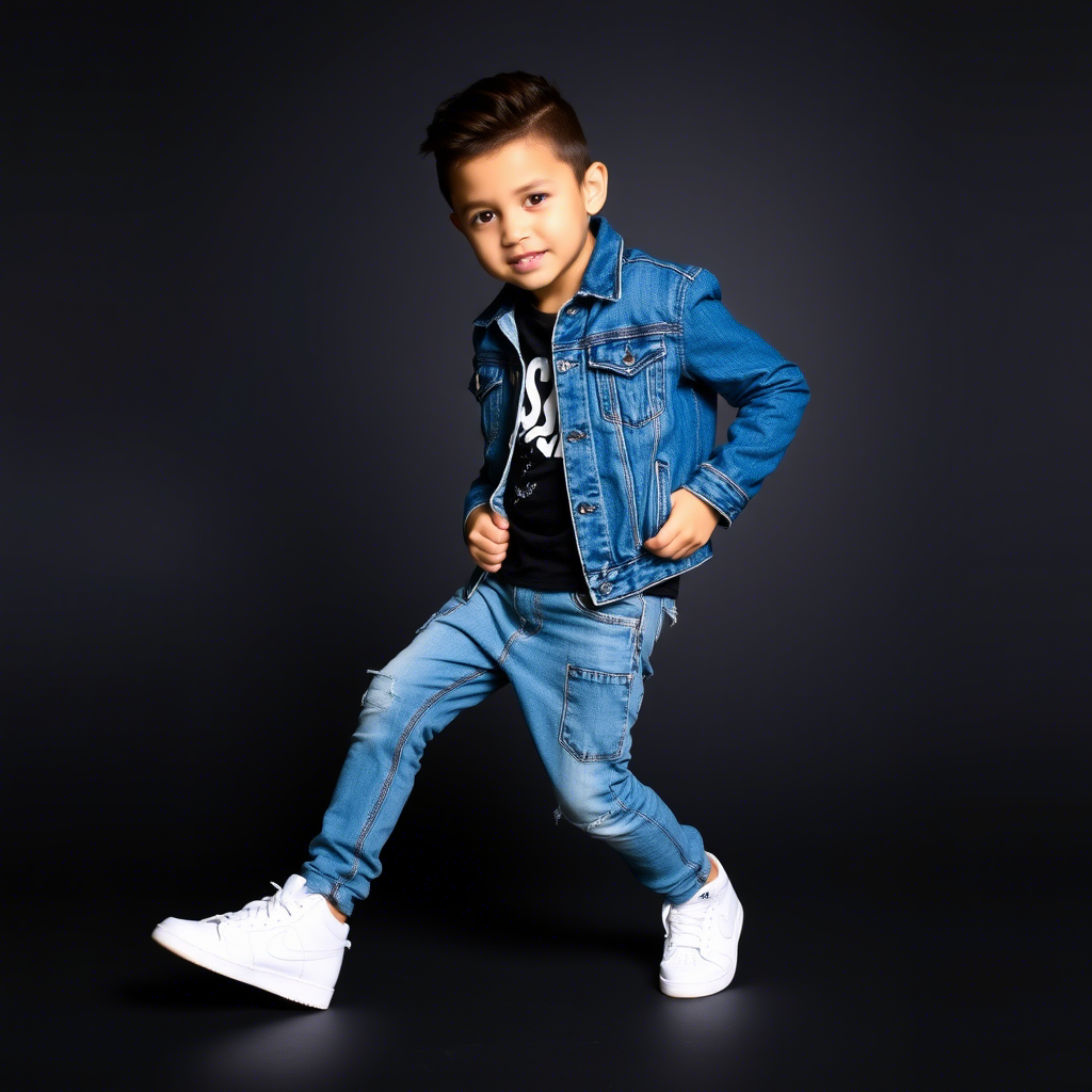 Young boy in stylish denim jacket and sneakers posing