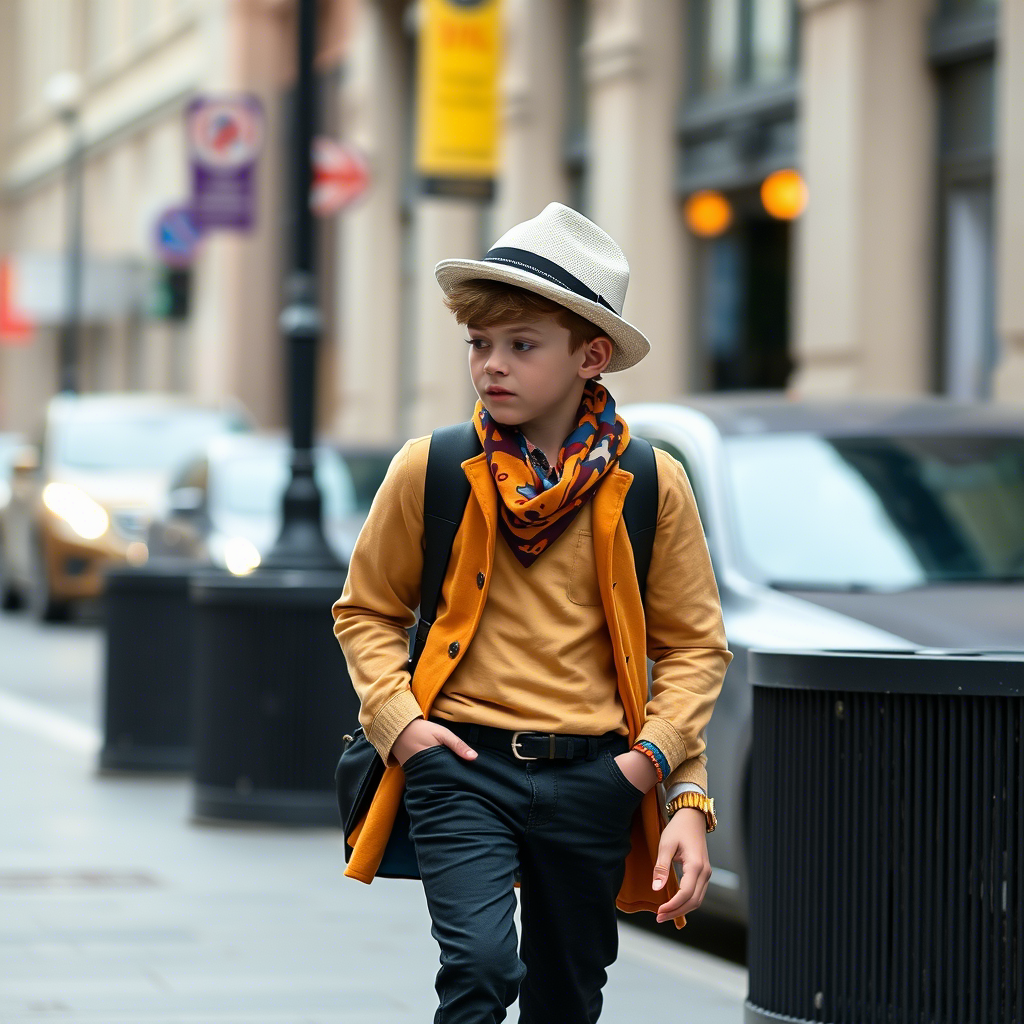 Young boy in stylish outfit walking in the city