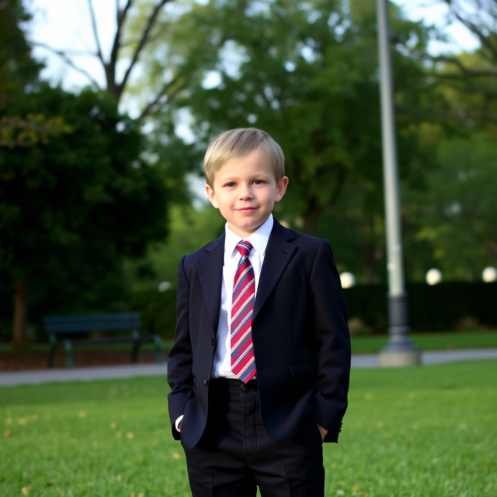Young boy in suit standing confidently in a park