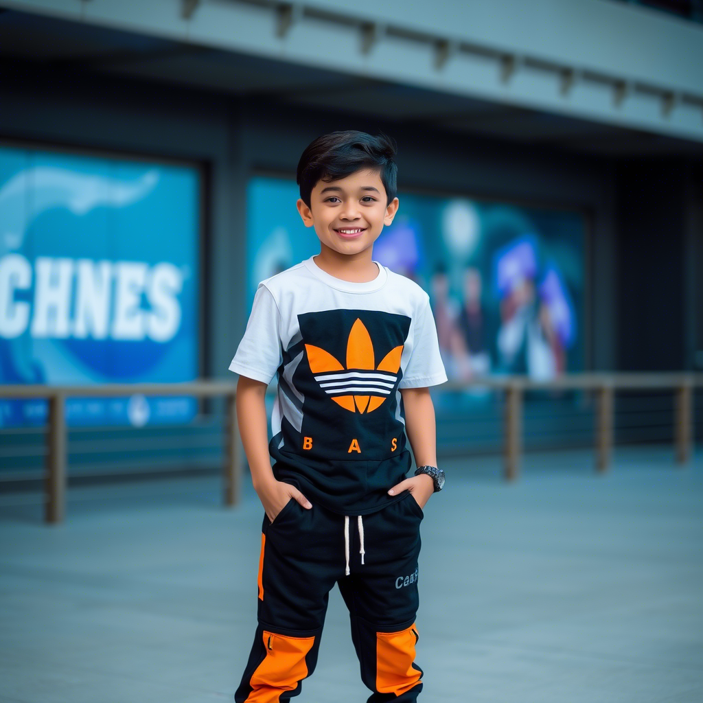 Young boy in trendy graphic tee and joggers posing happily