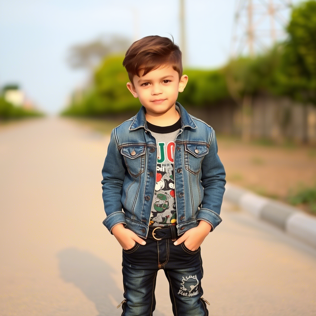 Young boy in trendy jeans and denim jacket outdoors