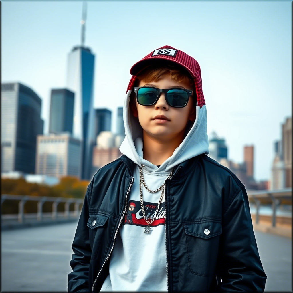 Young boy in trendy streetwear outfit standing in front of city skyline