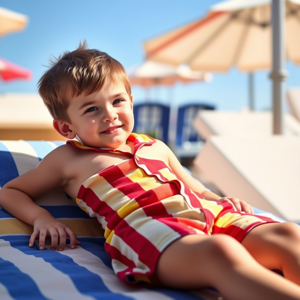 Young boy lounging in colorful striped pajama shorts on a sunny day