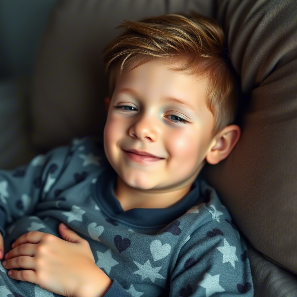 Young boy lounging in pajamas with a relaxed expression on a cozy bed