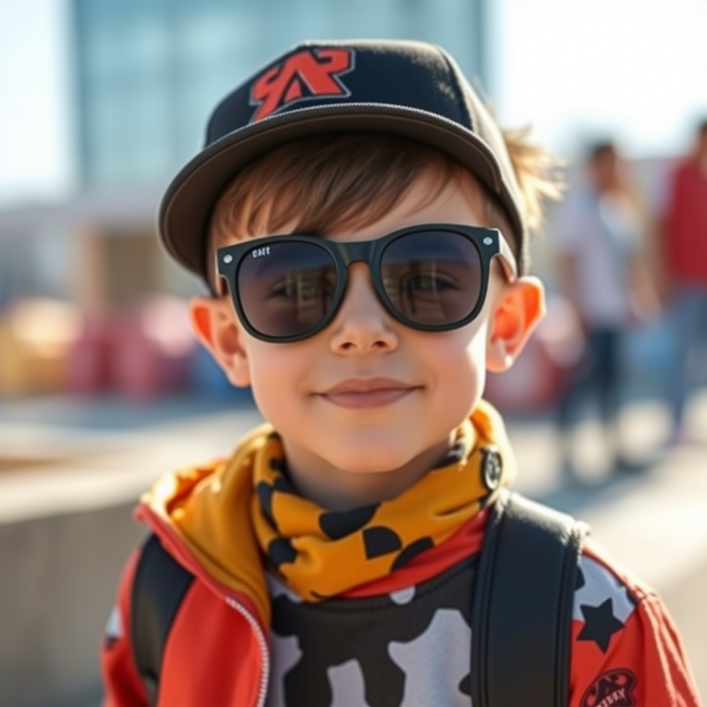 Young boy modeling kids’ wholesale clothing with trendy accessories