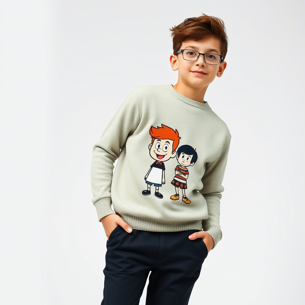 Young boy modeling stylish sweater with cartoon characters