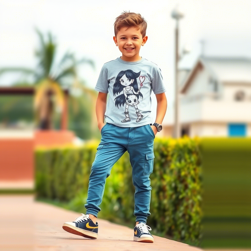 Young boy modeling trendy pants with a fun outdoor background