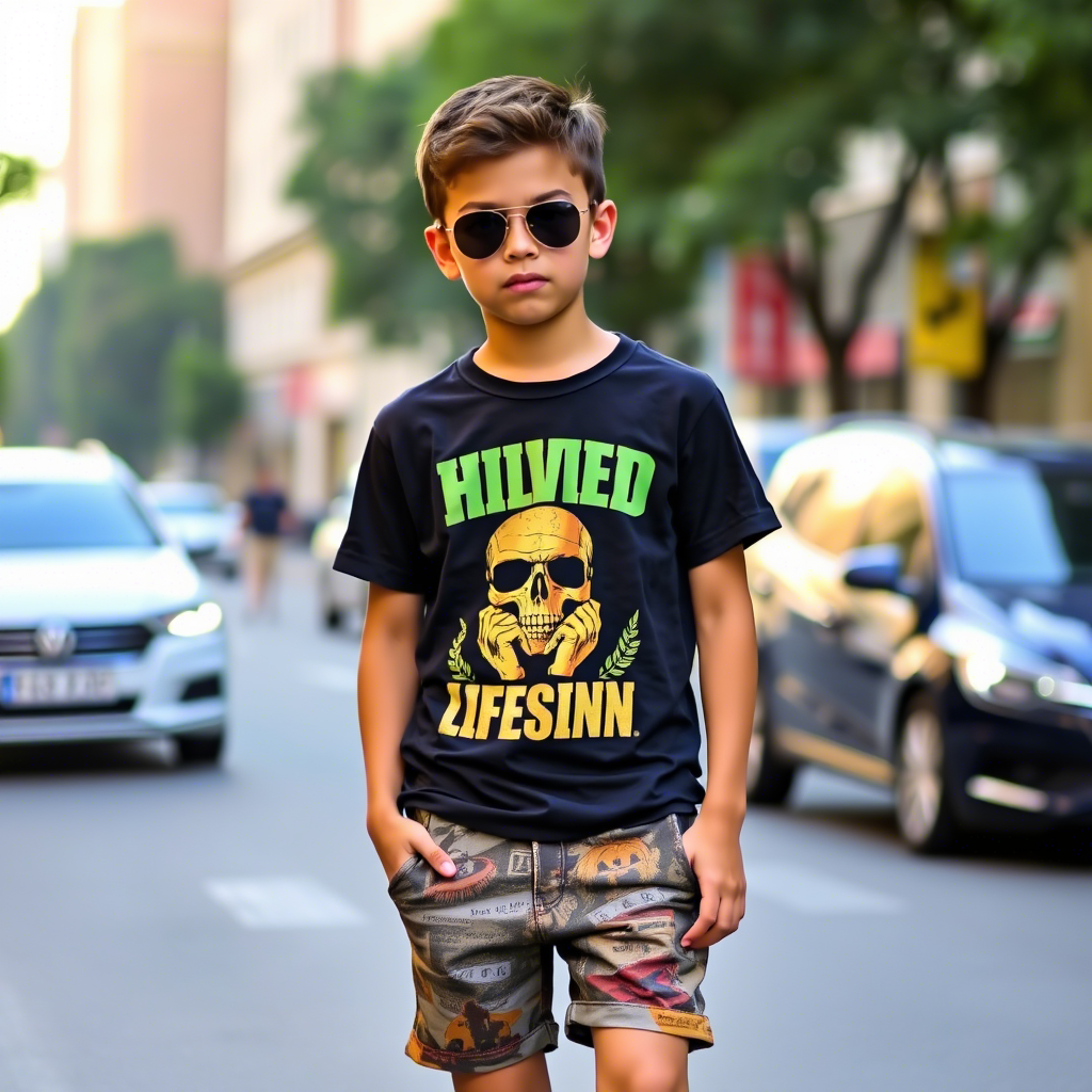 Young boy modeling trendy shorts and graphic t-shirts on a city street