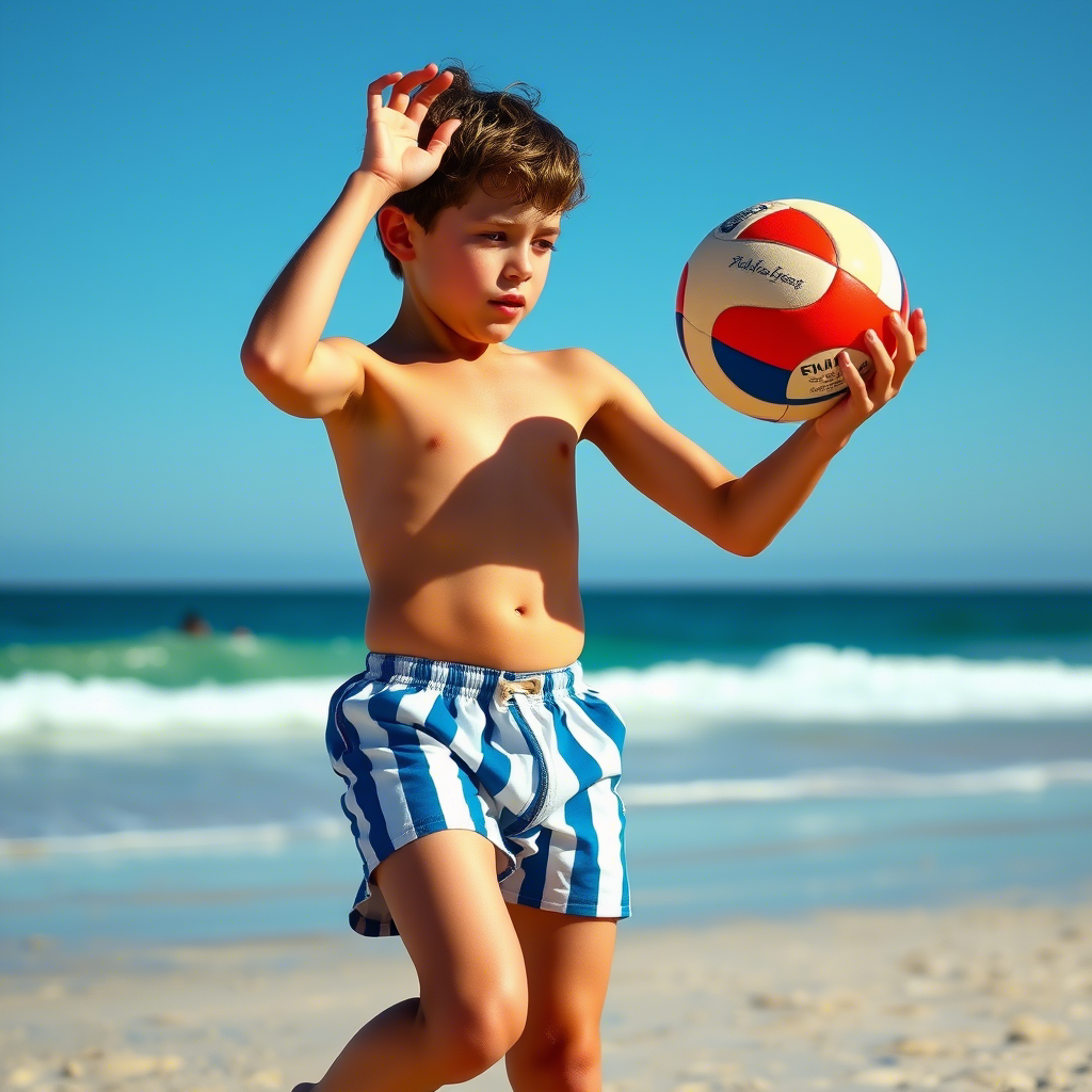 Young boy playing beach volleyball in striped swim trunks