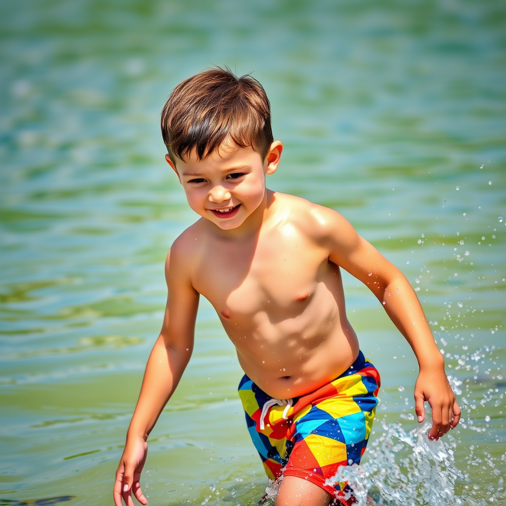 Young boy playing with water splashing on colorful swim shorts