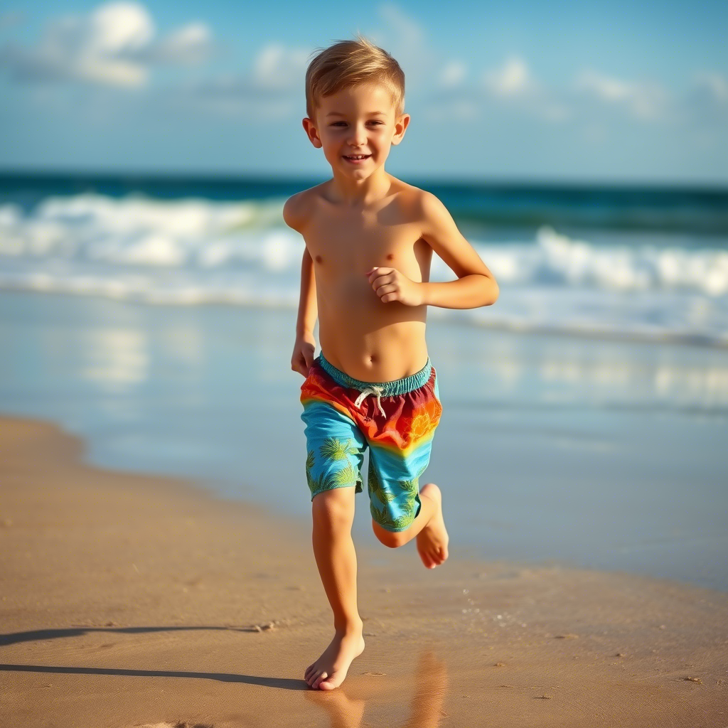 Young boy running on beach wearing colorful swim trunks