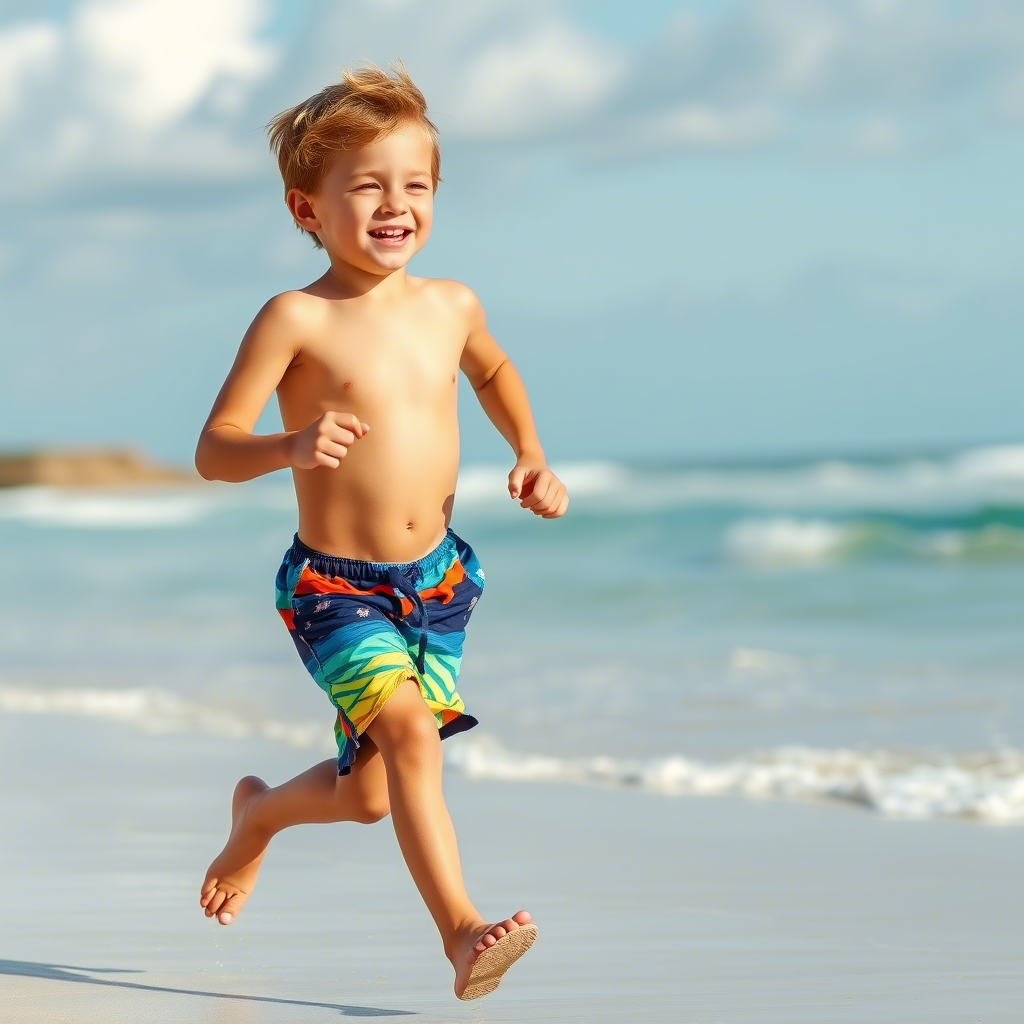 Young boy running on the beach wearing colorful swim trunks