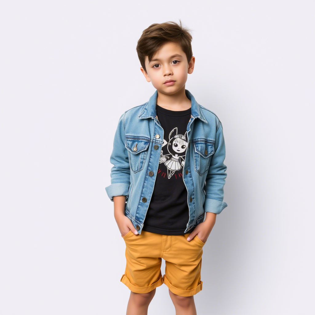 Young boy wearing a casual denim jacket and shorts combo