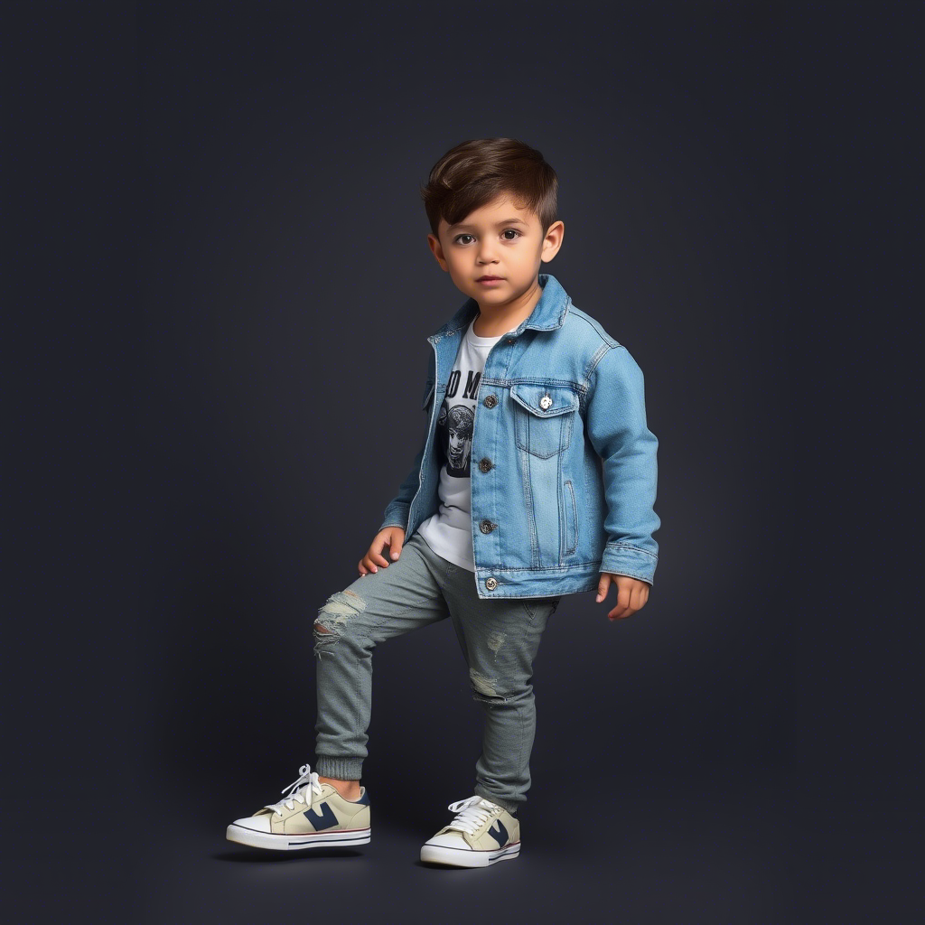 Young boy wearing a casual denim jacket and sneakers