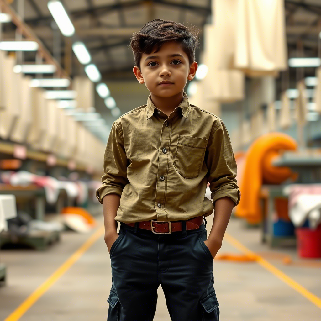 Young boy wearing a casual shirt and pants, standing in a fabric factory