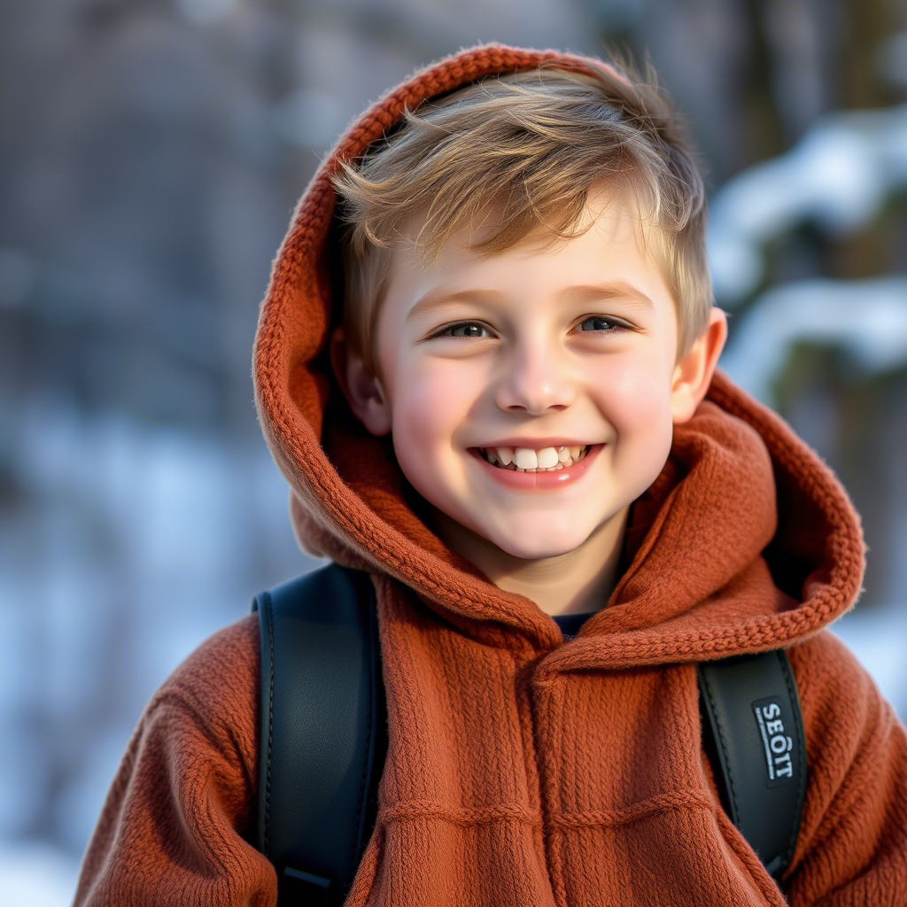 Young boy wearing a cozy hoodie, smiling outside on a winter day