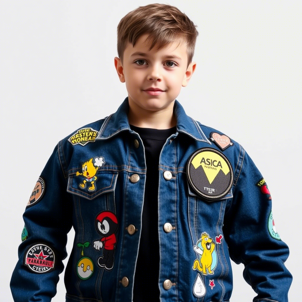 Young boy wearing a trendy denim jacket with cartoon patches