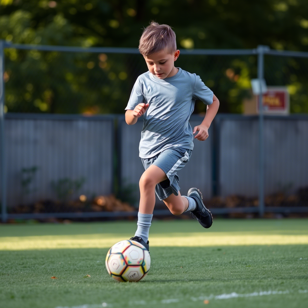 Young boy wearing athletic shorts playing soccer outdoors