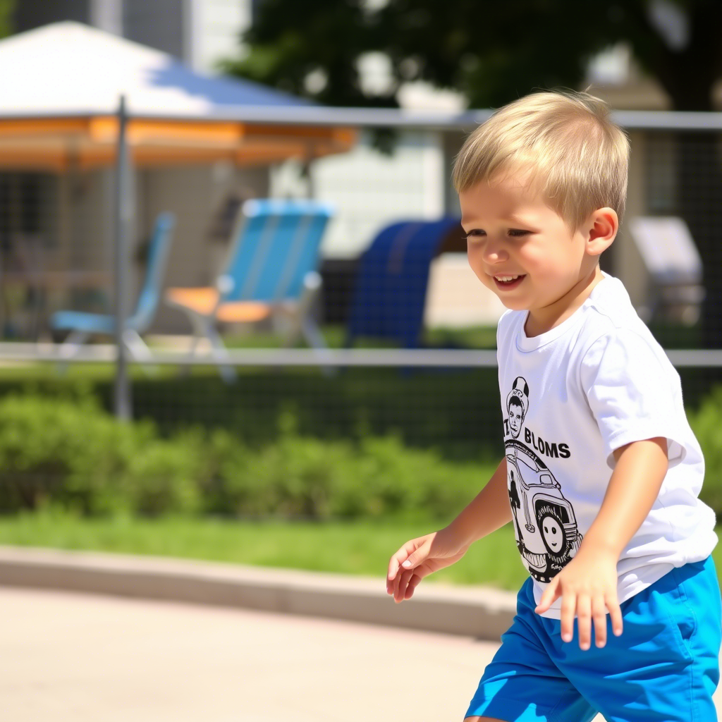 Young boy wearing bright blue shorts and a white graphic T-shirt, playing outside on a sunny day