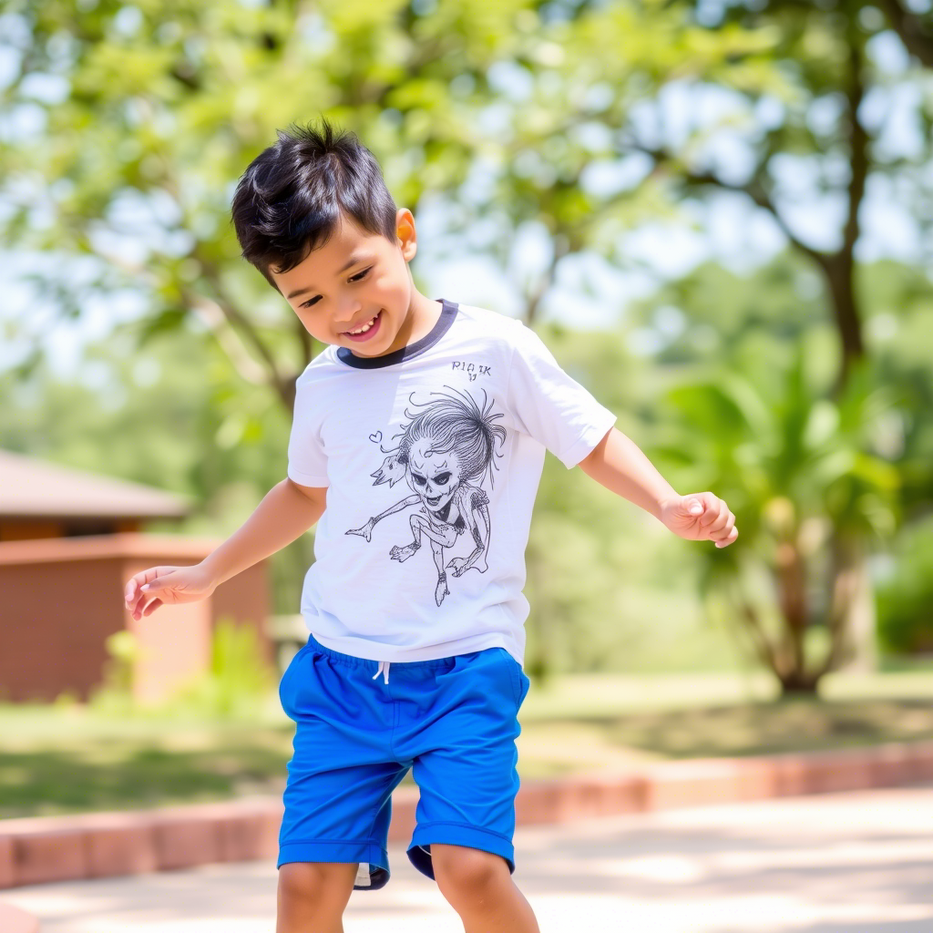 Young boy wearing bright blue shorts and a white graphic T-shirt playing outside