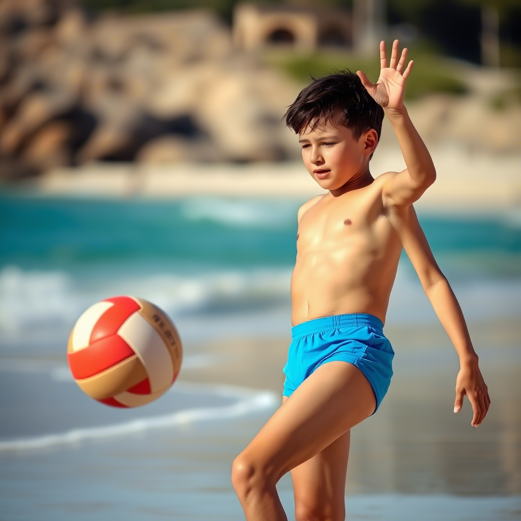 Young boy wearing bright blue swim trunks playing beach volleyball
